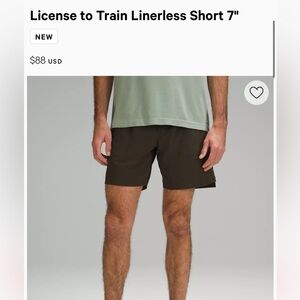 Lululemons Men’sLicense to Train Linerless Short 7” Size Medium color Dark Olive